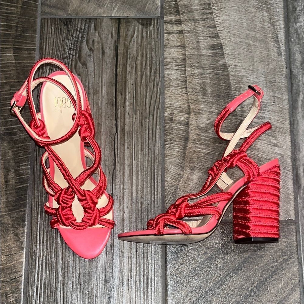 CAbi Coral Strappy 4” Heels with Architectural Design